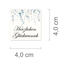 50 adesivi HERZLICHEN GLÜCKWUNSCH - Motivo Fiori Quadrato 4 x 4 cm Pellicola adesiva 90 µm bianco opaco, Congratulazioni Occasioni speciali | Paper-Media