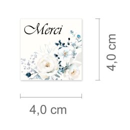 50 Aufkleber MERCI - Blumenmotiv Quadrat 4 x 4 cm 90 µm Haftfolie weiß mit UV-Lack, Danksagung Besondere Anlässe | Paper-Media