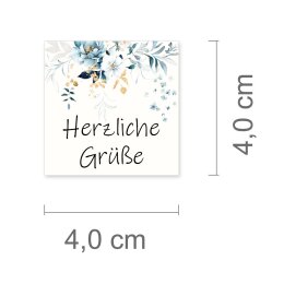 50 autocollants HERZLICHE GRÜßE - Motif de fleurs Carré 4 x 4 cm 90 µm film adhésif blanc mat, Salutations Occasions Spéciales | Paper-Media