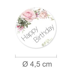 50 autocollants HAPPY BIRTHDAY - Motif de fleurs Rond Ø 4,5 cm Film adhésif 90 µm blanc avec vernis UV, Anniversaire Occasions Spéciales | Paper-Media