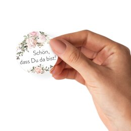 50 stickers SCHÖN, DASS DU DA BIST! - Flowers motif Round Ø 4,5 cm