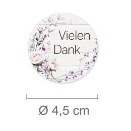50 Aufkleber VIELEN DANK - Blumenmotiv Rund Ø 4,5 cm 90 µm Haftfolie weiß matt, Danksagung Besondere Anlässe | Paper-Media