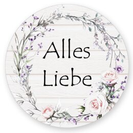 50 Aufkleber ALLES LIEBE - Blumenmotiv Rund Ø 4,5...