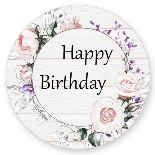 50 adesivi HAPPY BIRTHDAY - Fiori Rotondo Ø 4,5 cm Ocasiones especiales, Flores, Paper-Media