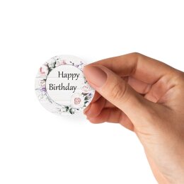 50 adesivi HAPPY BIRTHDAY - Fiori Rotondo Ø 4,5 cm