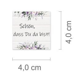 50 pegatinas SCHÖN, DASS DU DA BIST! - Flores Cuadrado 4 x 4 cm Película adhesiva blanca de 90 µm con barniz UV, Boda Ocasiones especiales | Paper-Media
