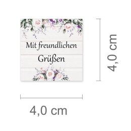 50 pegatinas MIT FREUNDLICHEN GRÜßEN - Motivo de flores Cuadrado 4 x 4 cm Película adhesiva de 90 µm blanco mate, Saludos Ocasiones especiales | Paper-Media